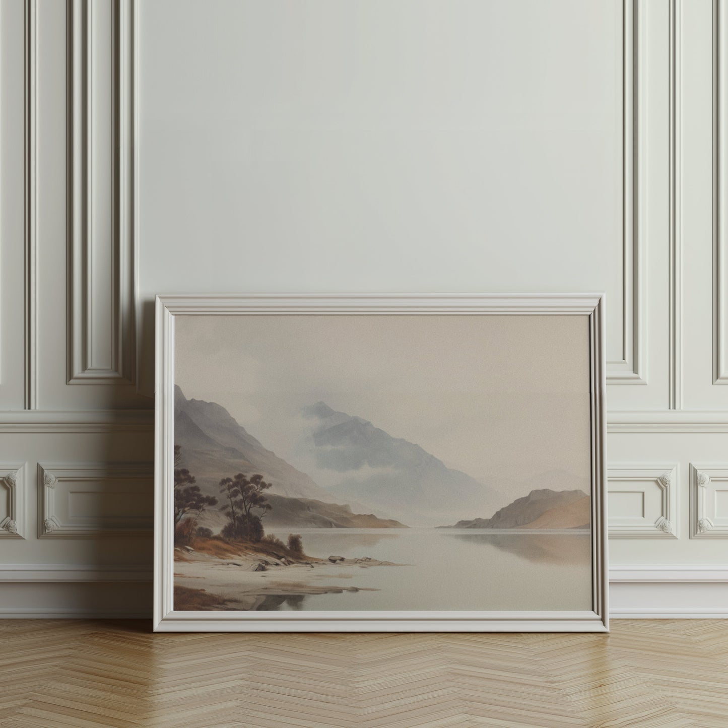 Premium Poster of Tranquil Mountain Lake Scene with Misty Hills Posters