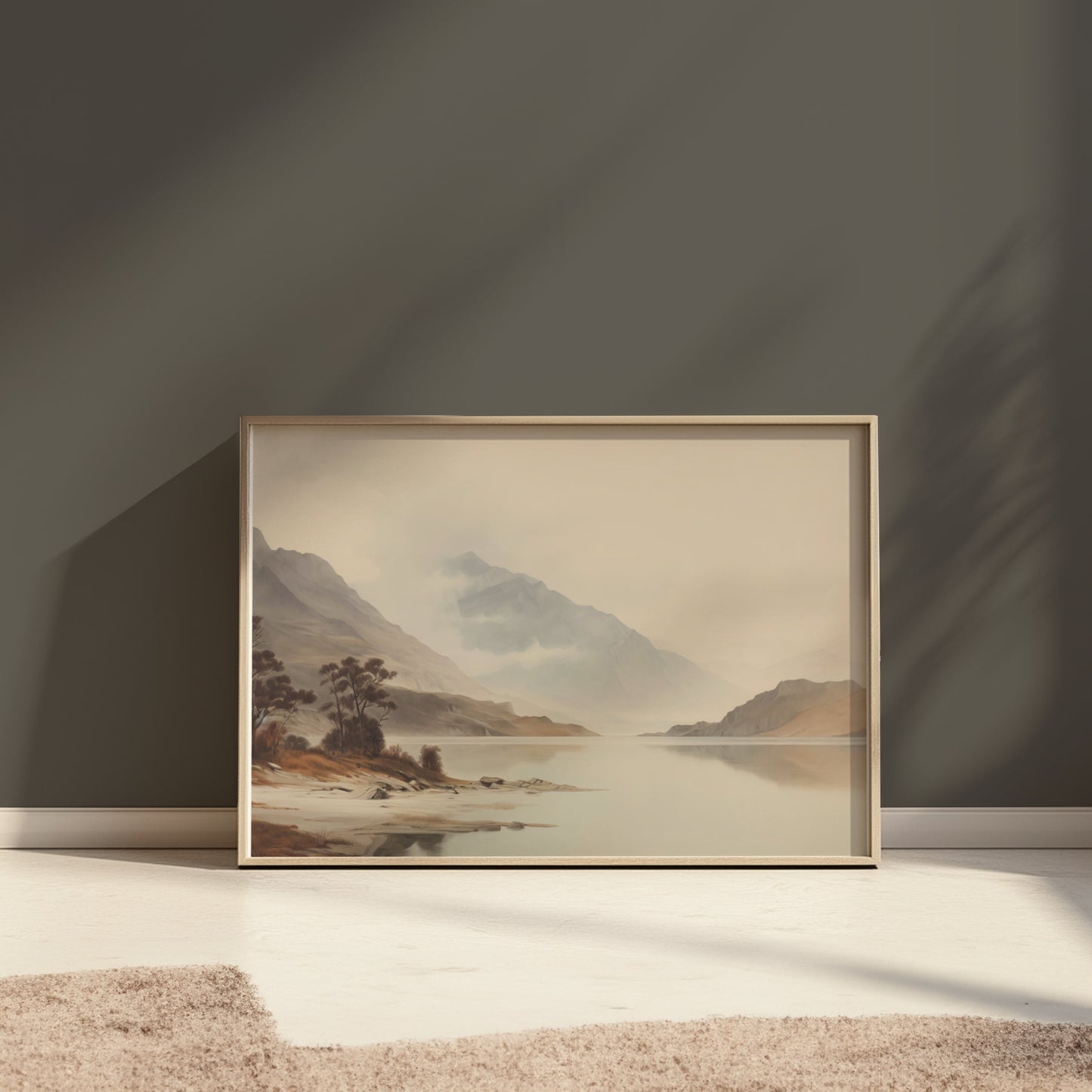 Premium Poster of Tranquil Mountain Lake Scene with Misty Hills Posters