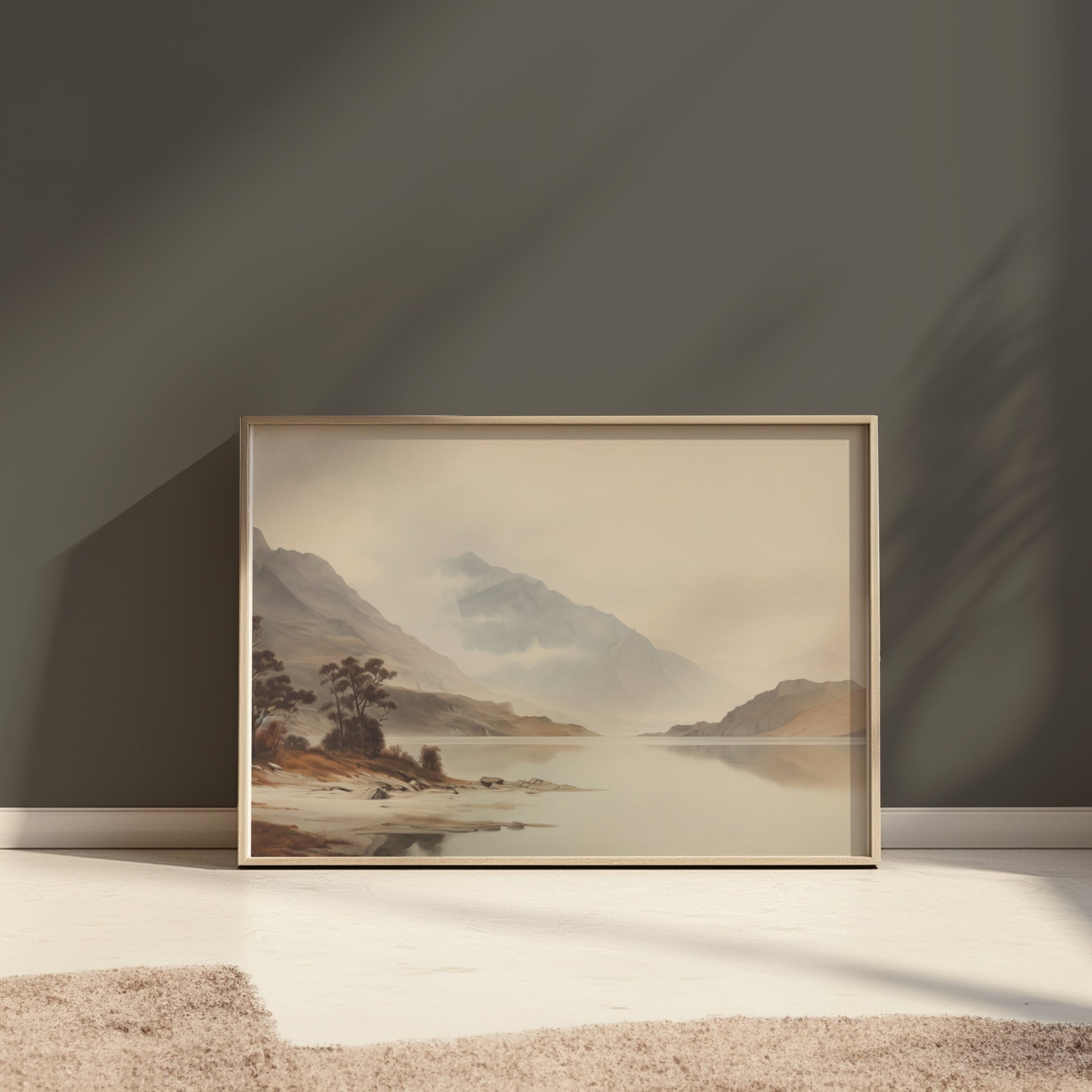 Premium Poster of Tranquil Mountain Lake Scene with Misty Hills Posters