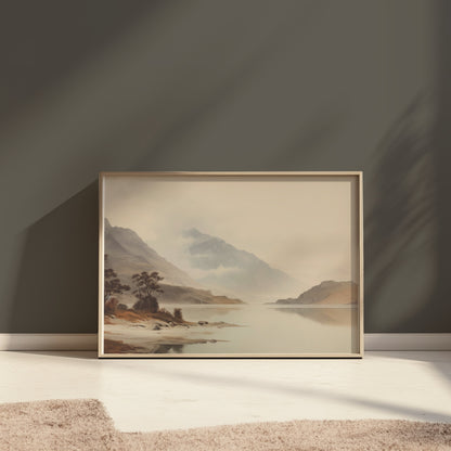 Premium Poster of Tranquil Mountain Lake Scene with Misty Hills Posters