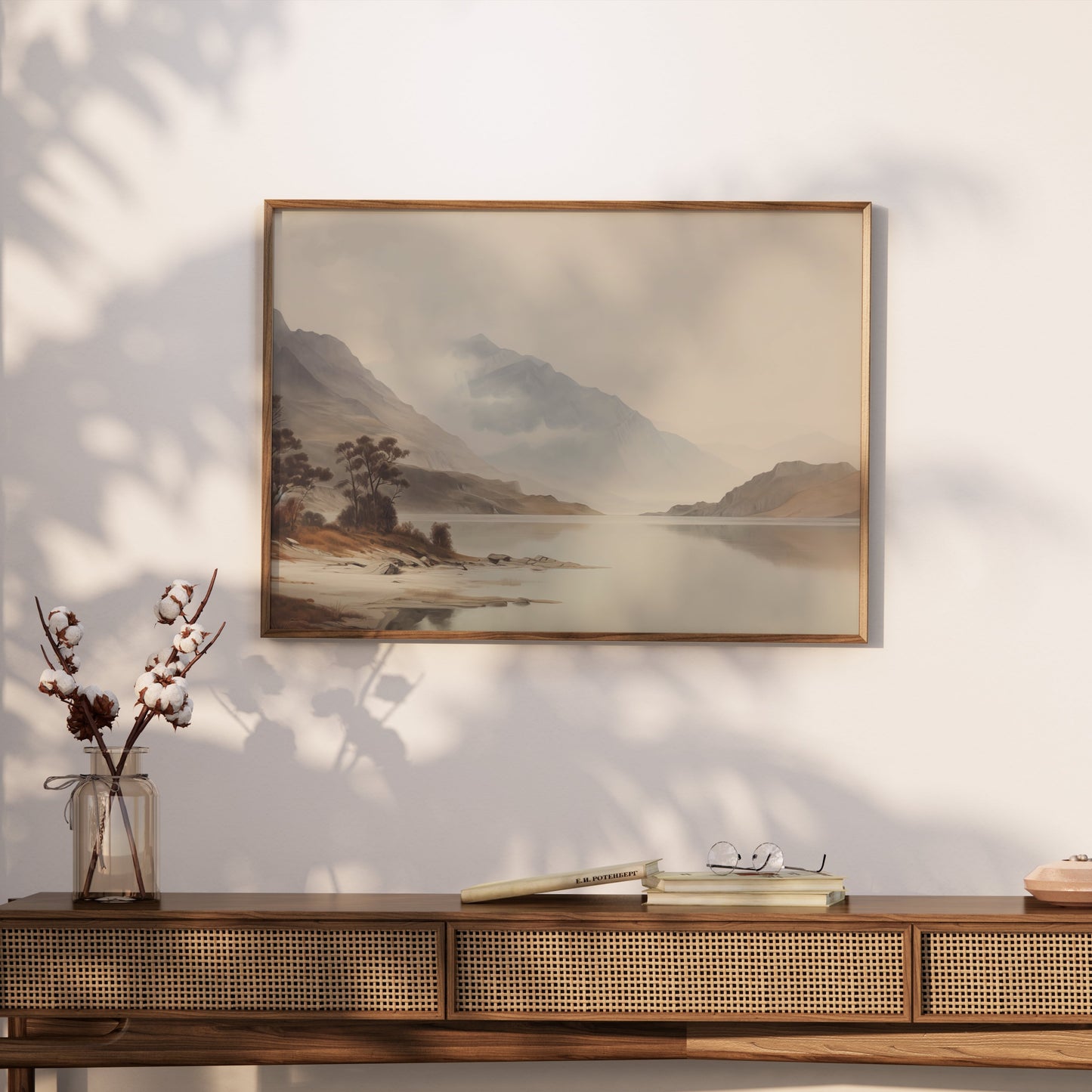 Premium Poster of Tranquil Mountain Lake Scene with Misty Hills Posters