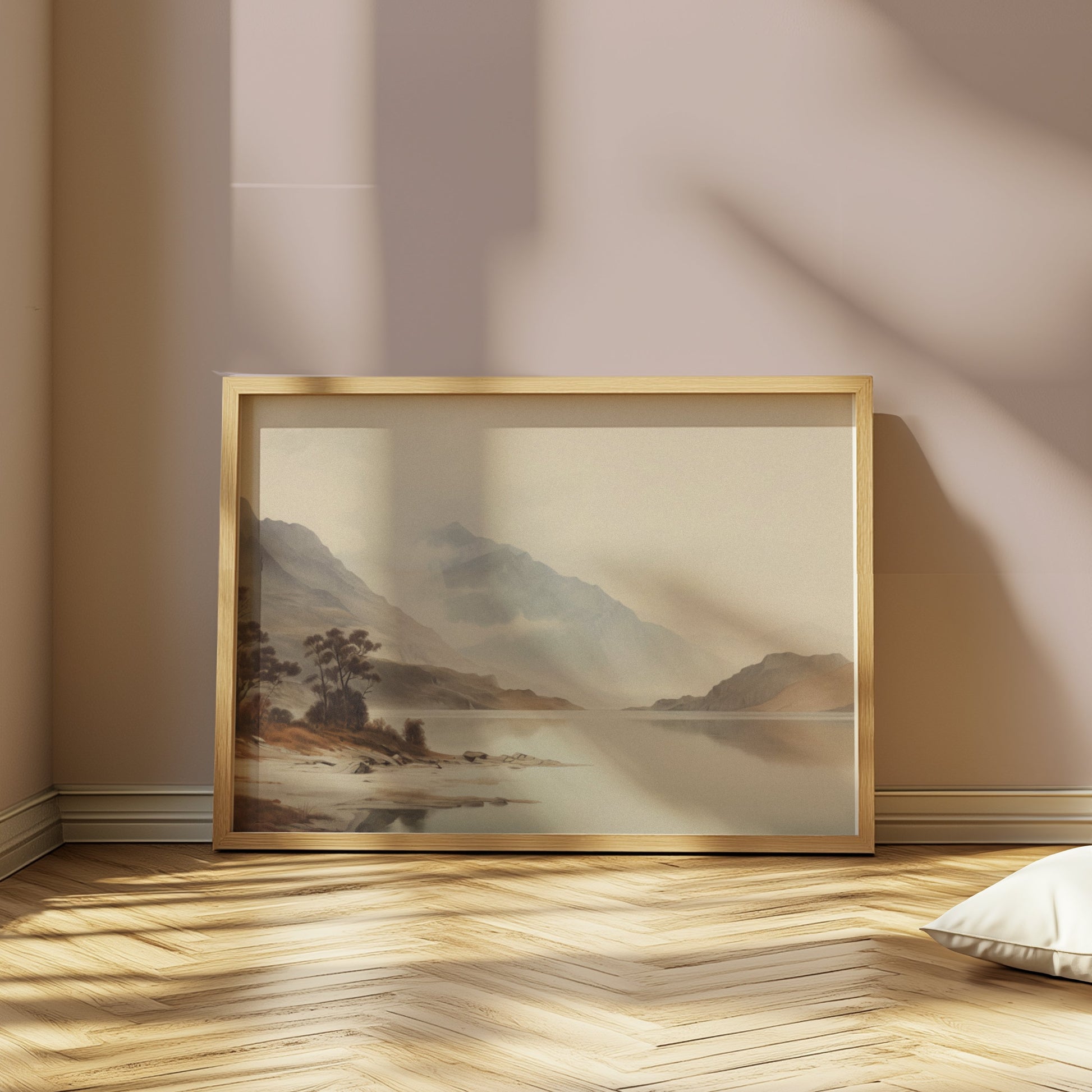 Premium Poster of Tranquil Mountain Lake Scene with Misty Hills Posters