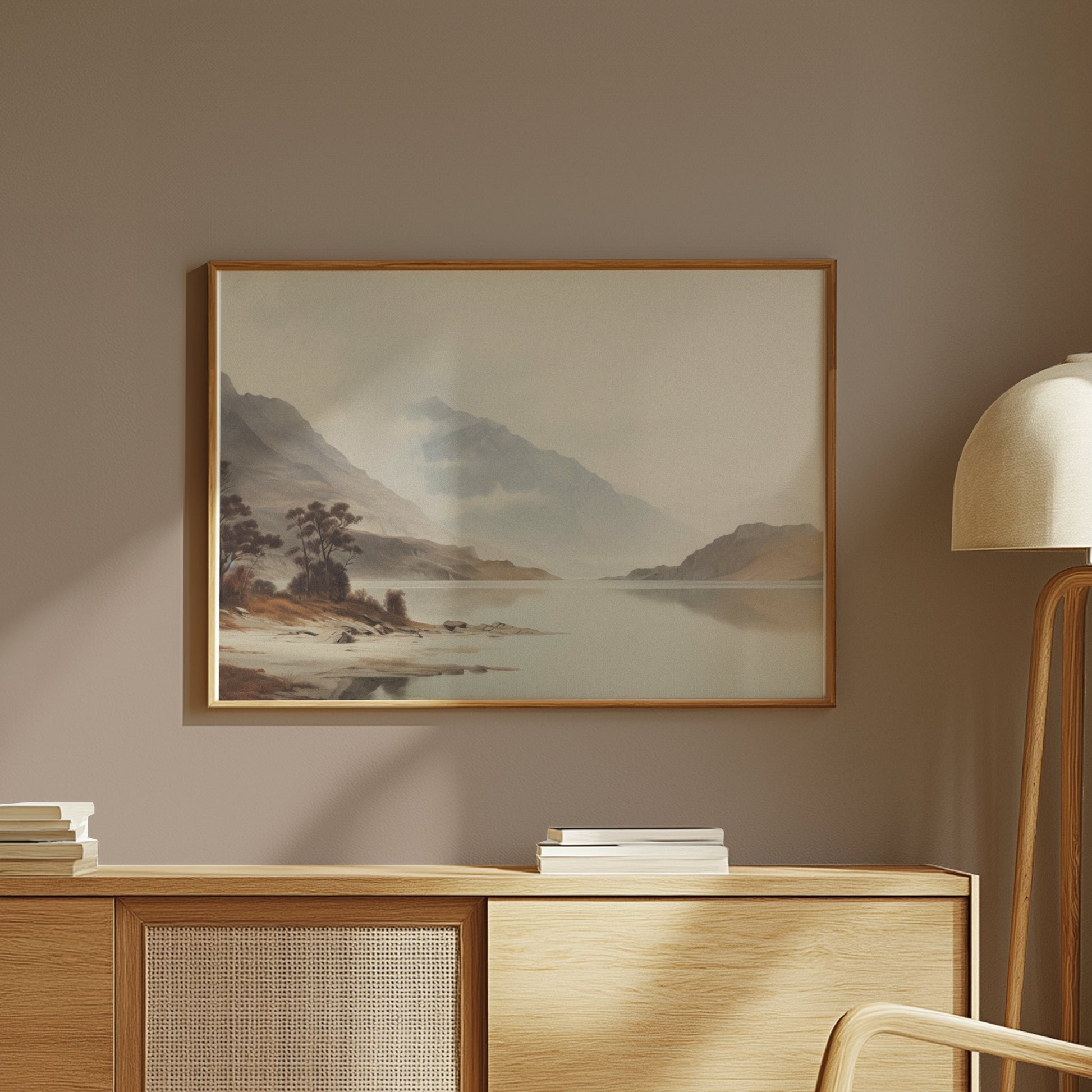 Premium Poster of Tranquil Mountain Lake Scene with Misty Hills Posters
