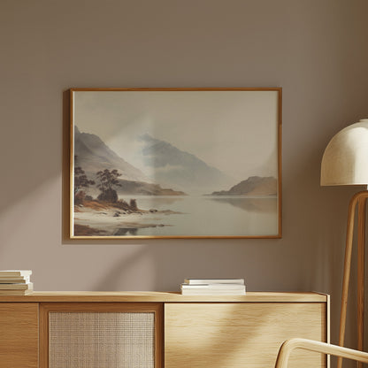 Premium Poster of Tranquil Mountain Lake Scene with Misty Hills Posters