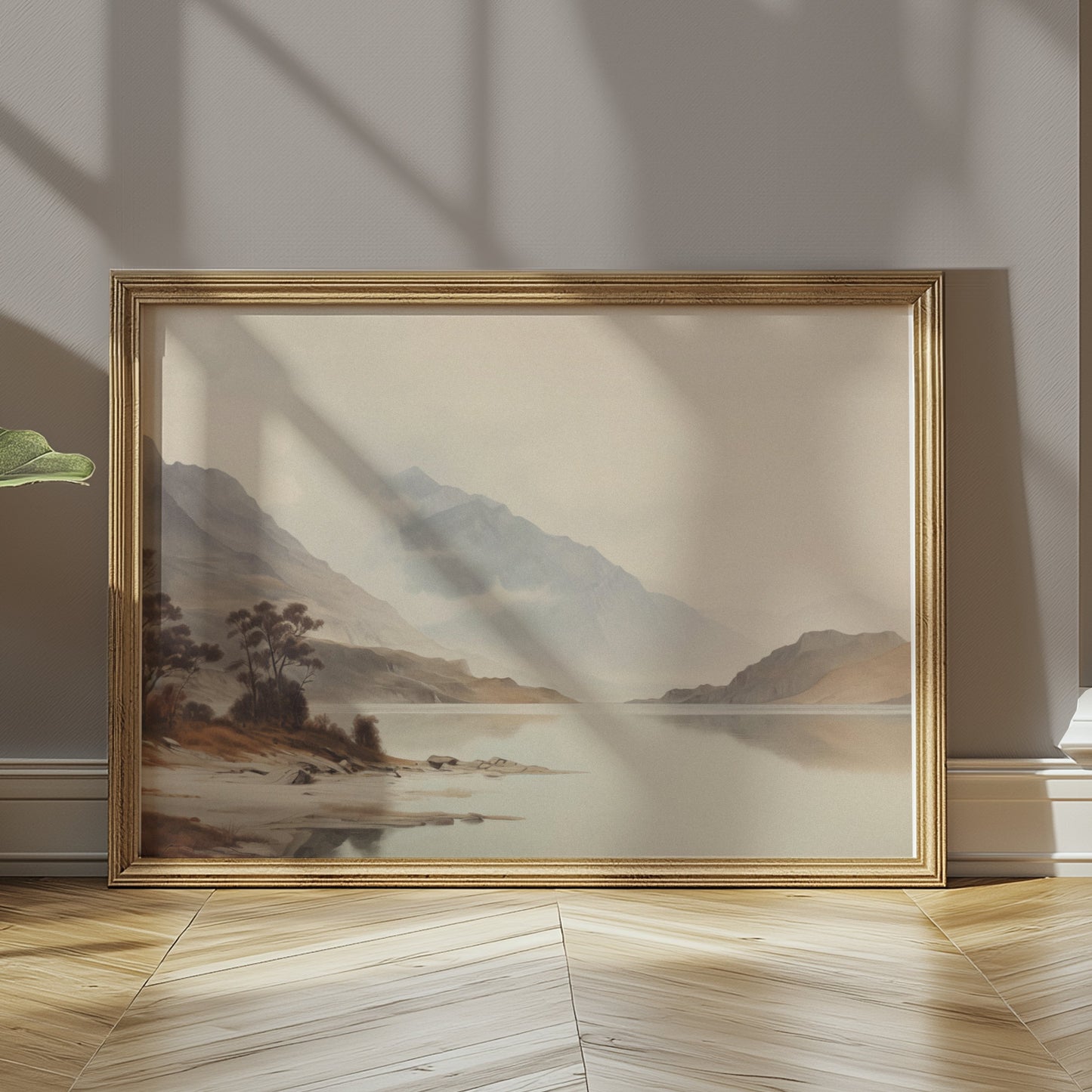 Premium Poster of Tranquil Mountain Lake Scene with Misty Hills Posters