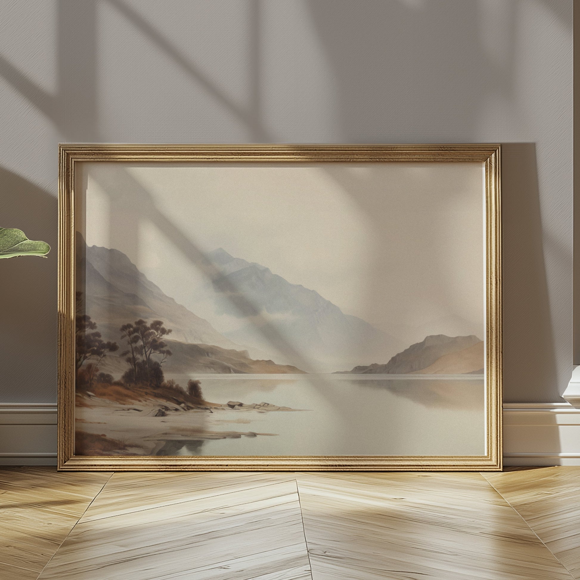 Premium Poster of Tranquil Mountain Lake Scene with Misty Hills Posters