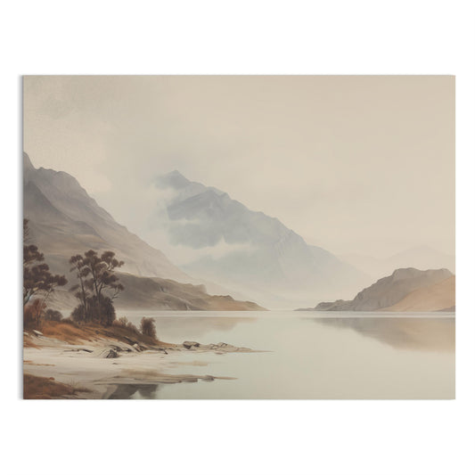 Premium Poster of Tranquil Mountain Lake Scene with Misty Hills Posters