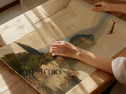 Premium Poster of Tranquil Mountainous Lake Scene with Boat and Trees Posters