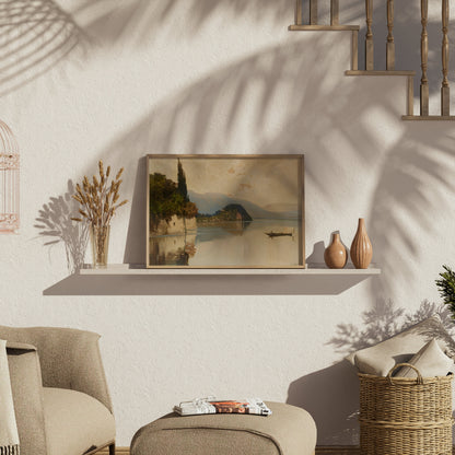 Premium Poster of Tranquil Mountainous Lake Scene with Boat and Trees Posters