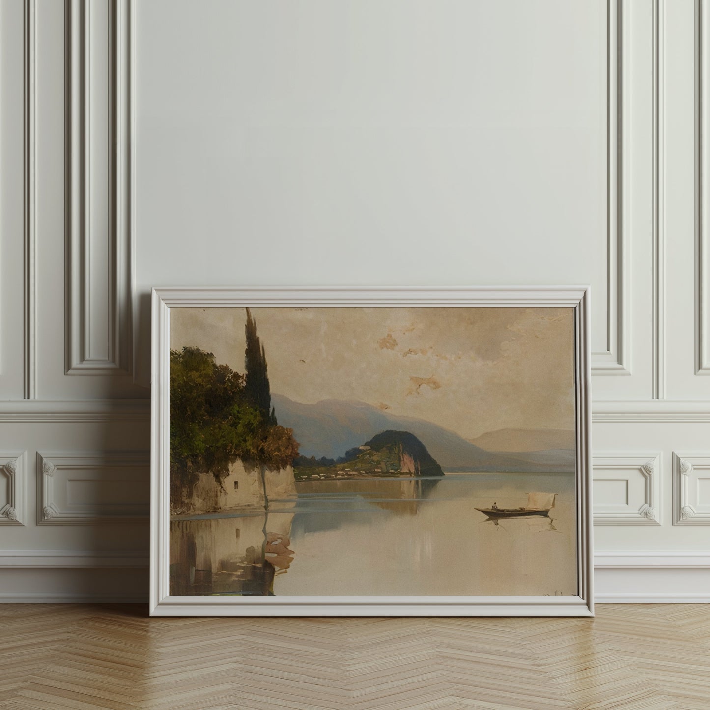 Premium Poster of Tranquil Mountainous Lake Scene with Boat and Trees Posters