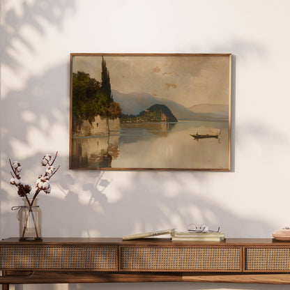 Premium Poster of Tranquil Mountainous Lake Scene with Boat and Trees Posters