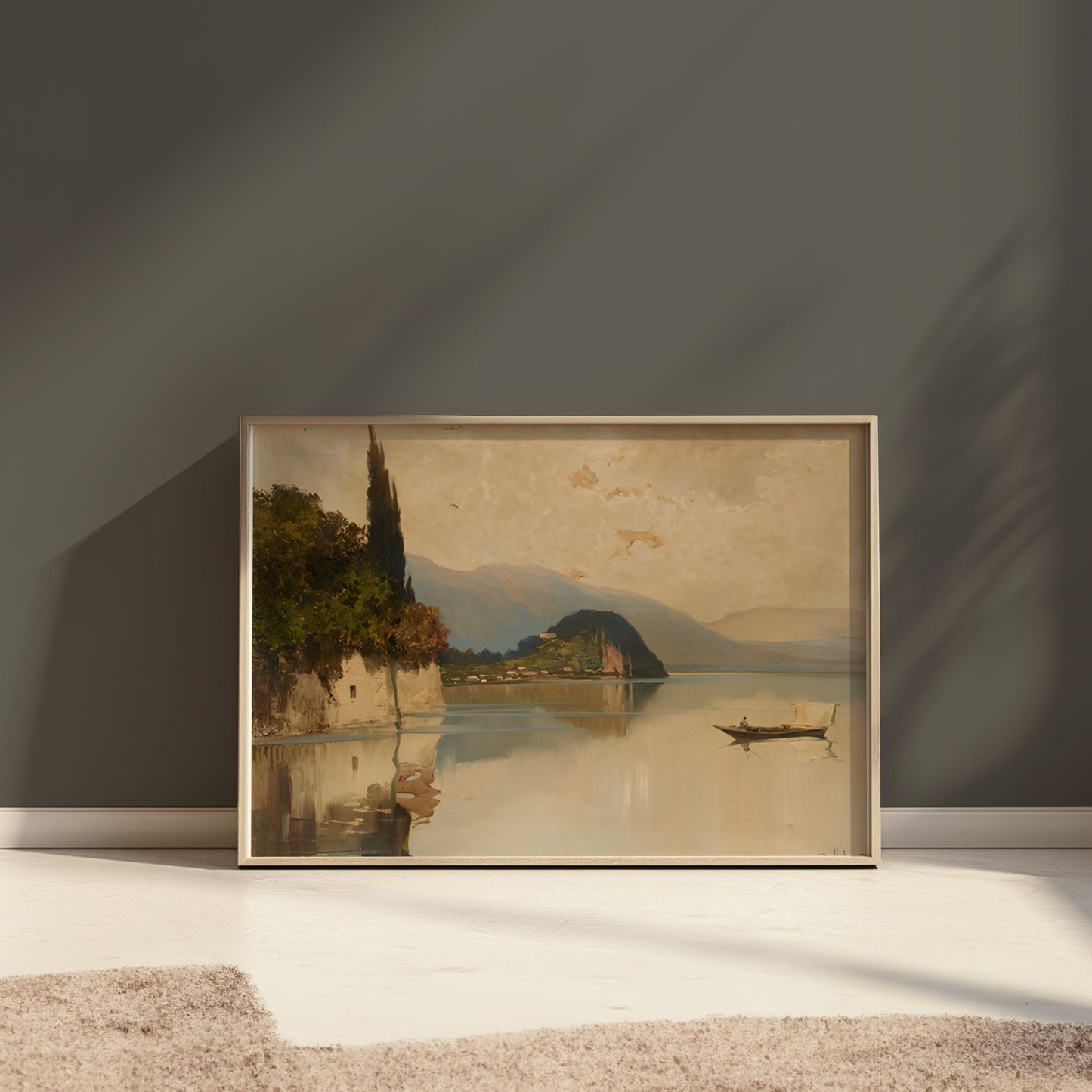 Premium Poster of Tranquil Mountainous Lake Scene with Boat and Trees Posters