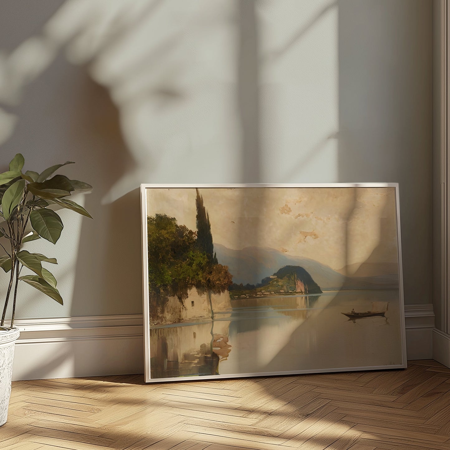 Premium Poster of Tranquil Mountainous Lake Scene with Boat and Trees Posters