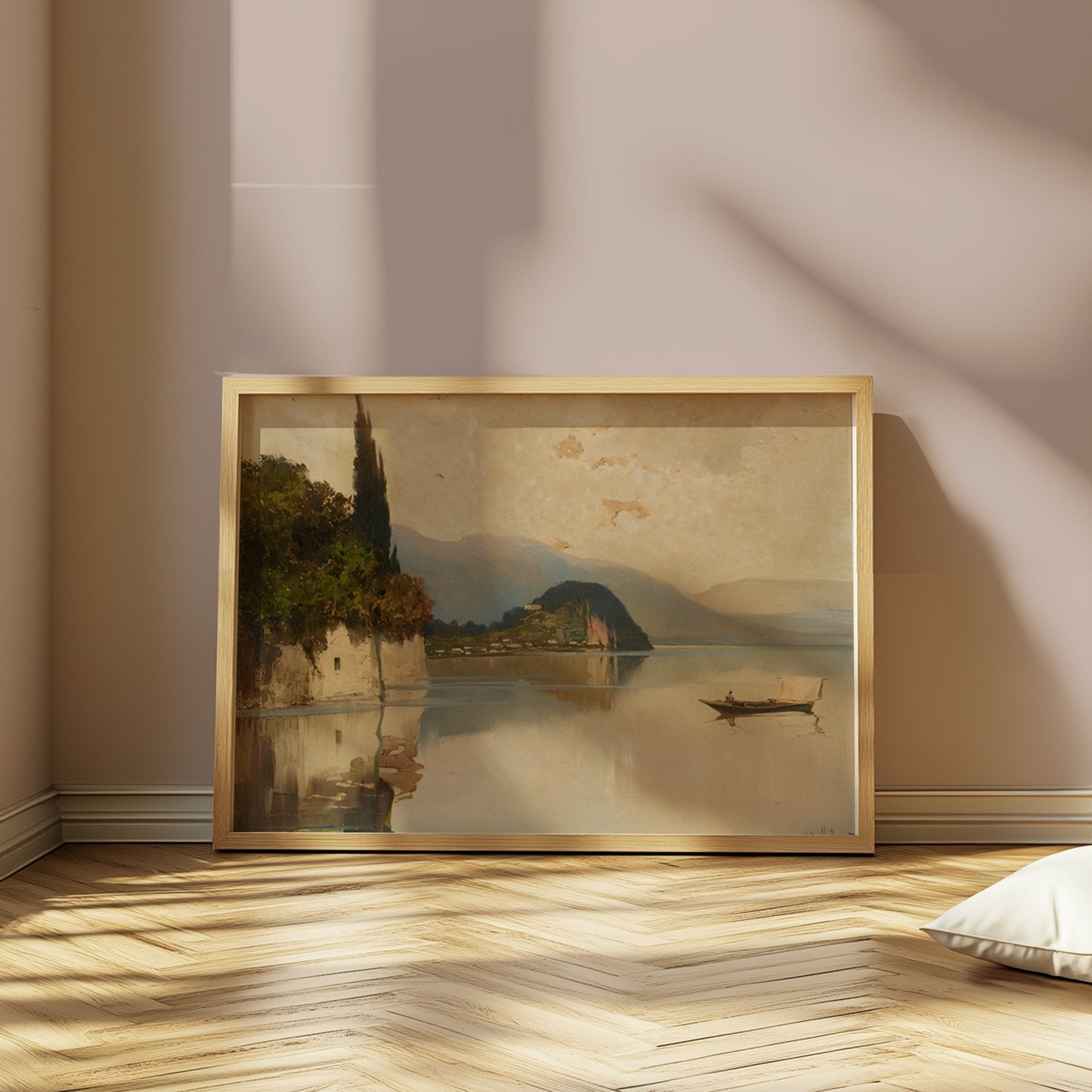 Premium Poster of Tranquil Mountainous Lake Scene with Boat and Trees Posters