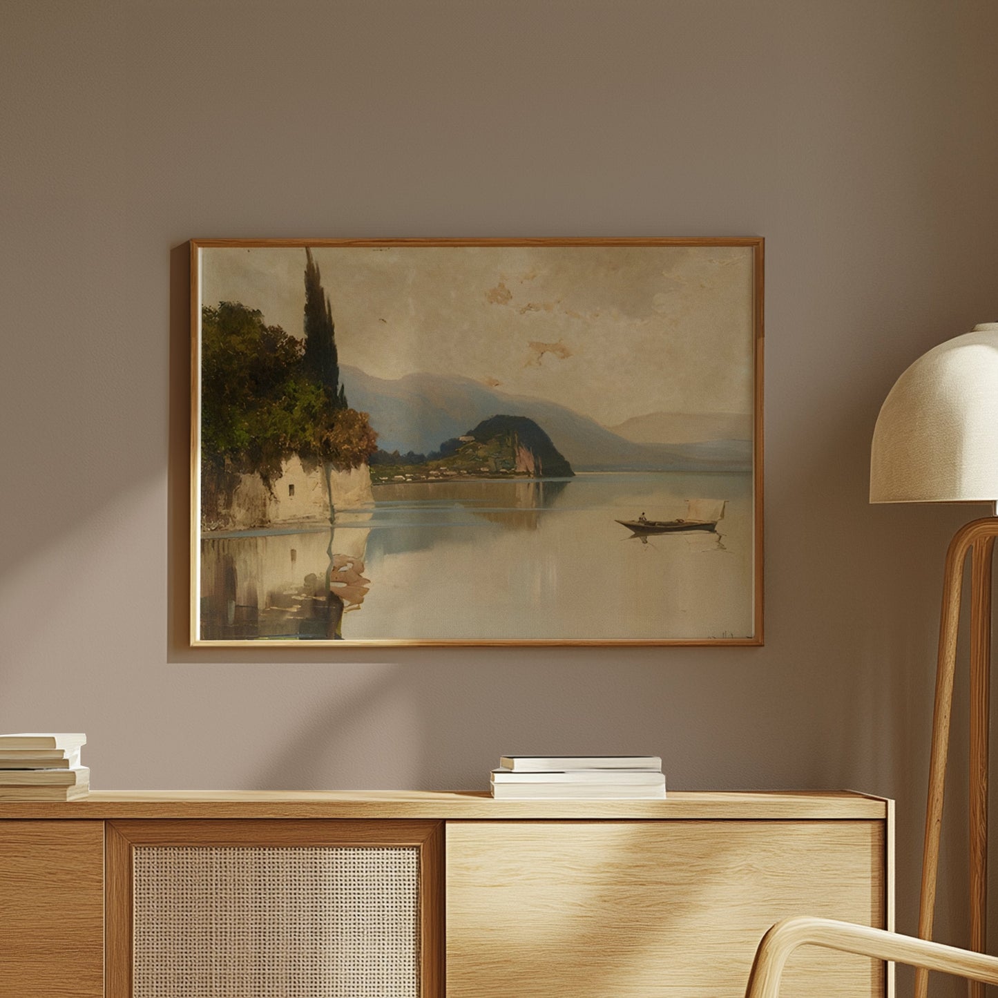 Premium Poster of Tranquil Mountainous Lake Scene with Boat and Trees Posters