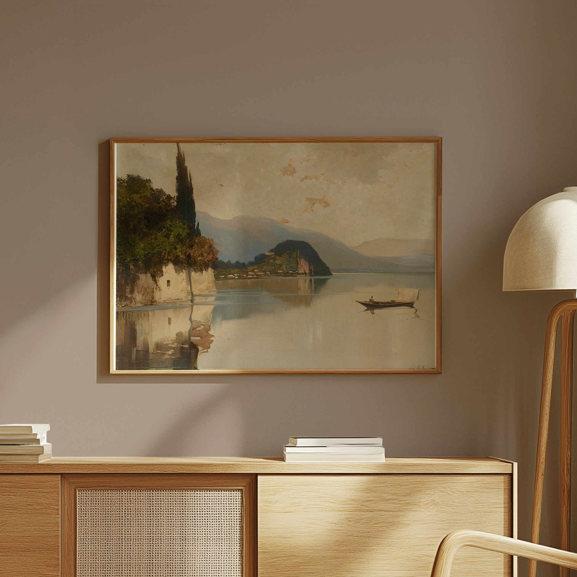 Premium Poster of Tranquil Mountainous Lake Scene with Boat and Trees Posters