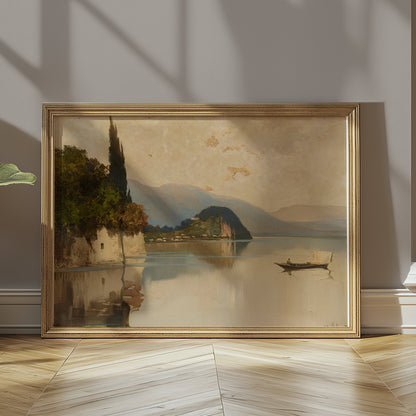 Premium Poster of Tranquil Mountainous Lake Scene with Boat and Trees Posters