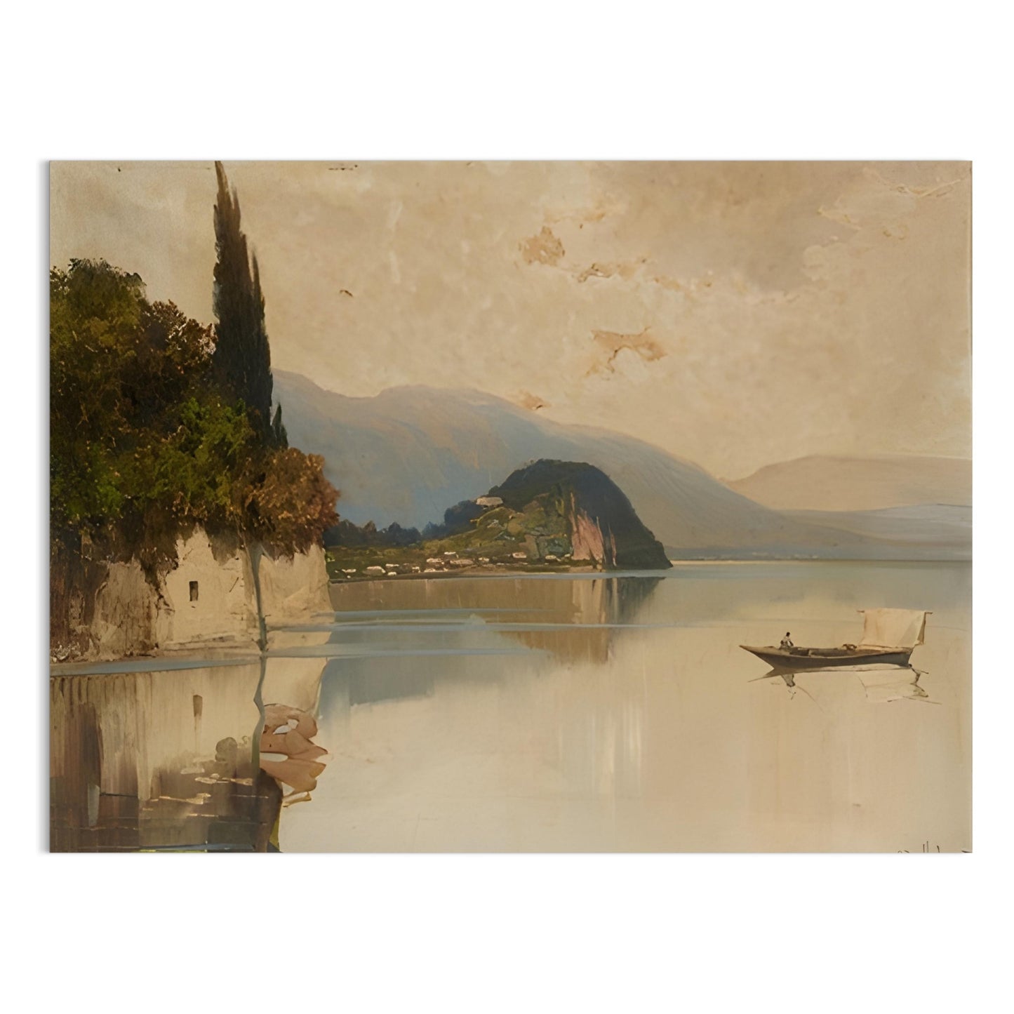 Premium Poster of Tranquil Mountainous Lake Scene with Boat and Trees Posters