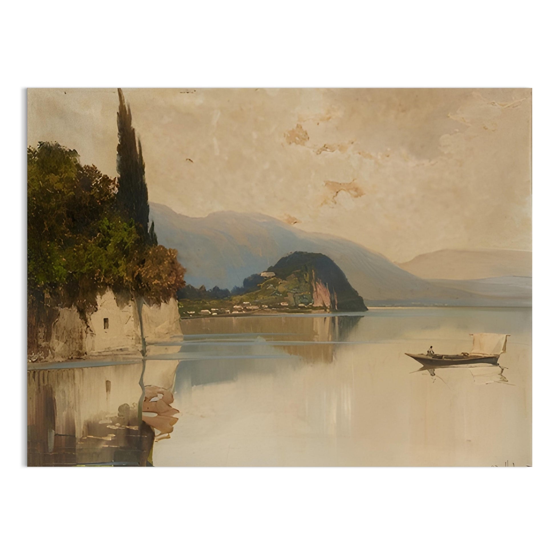 Premium Poster of Tranquil Mountainous Lake Scene with Boat and Trees Posters