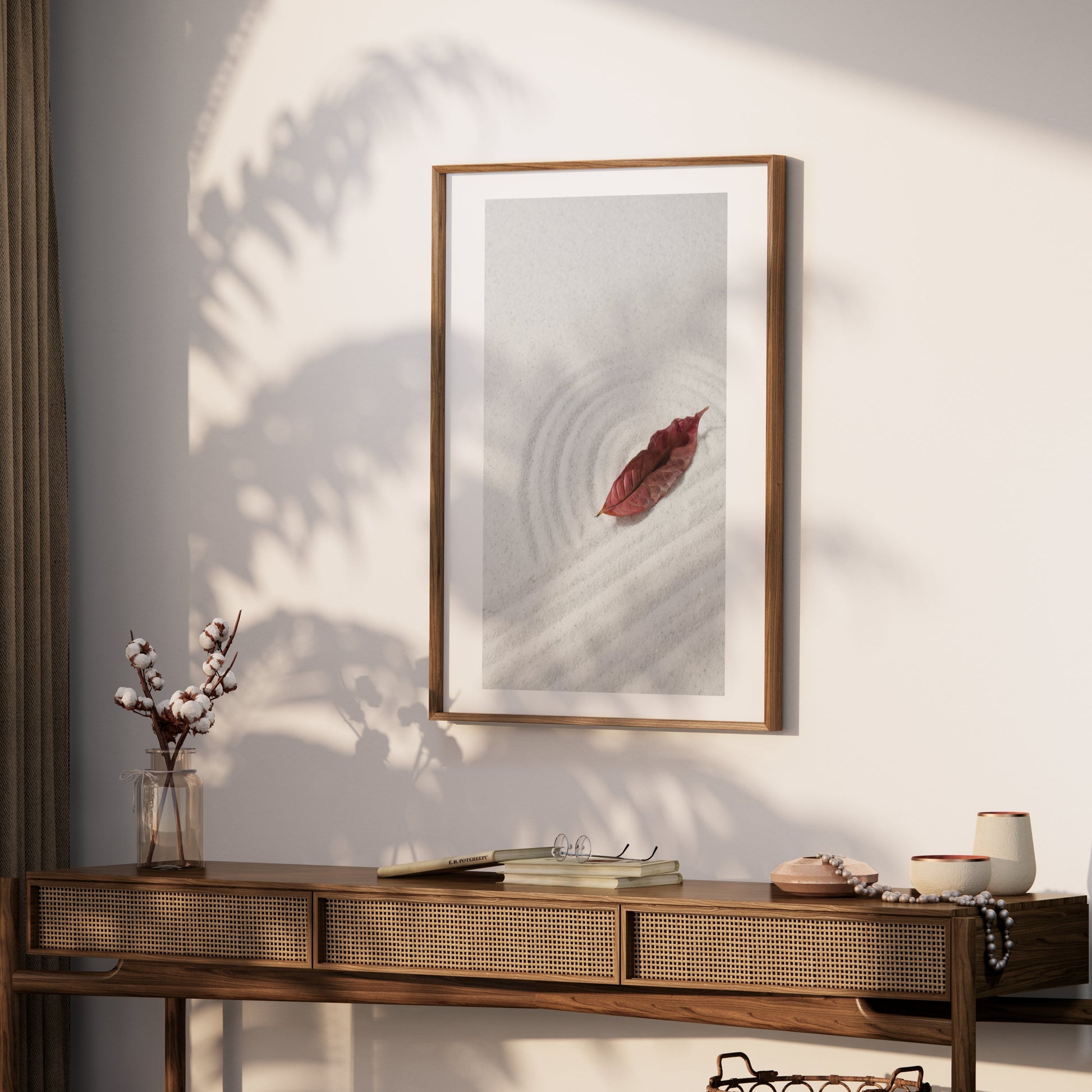 Premium Poster of Tranquil Sand Garden with Fallen Leaf Aesthetic Posters