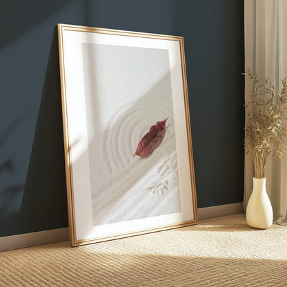 Premium Poster of Tranquil Sand Garden with Fallen Leaf Aesthetic Posters
