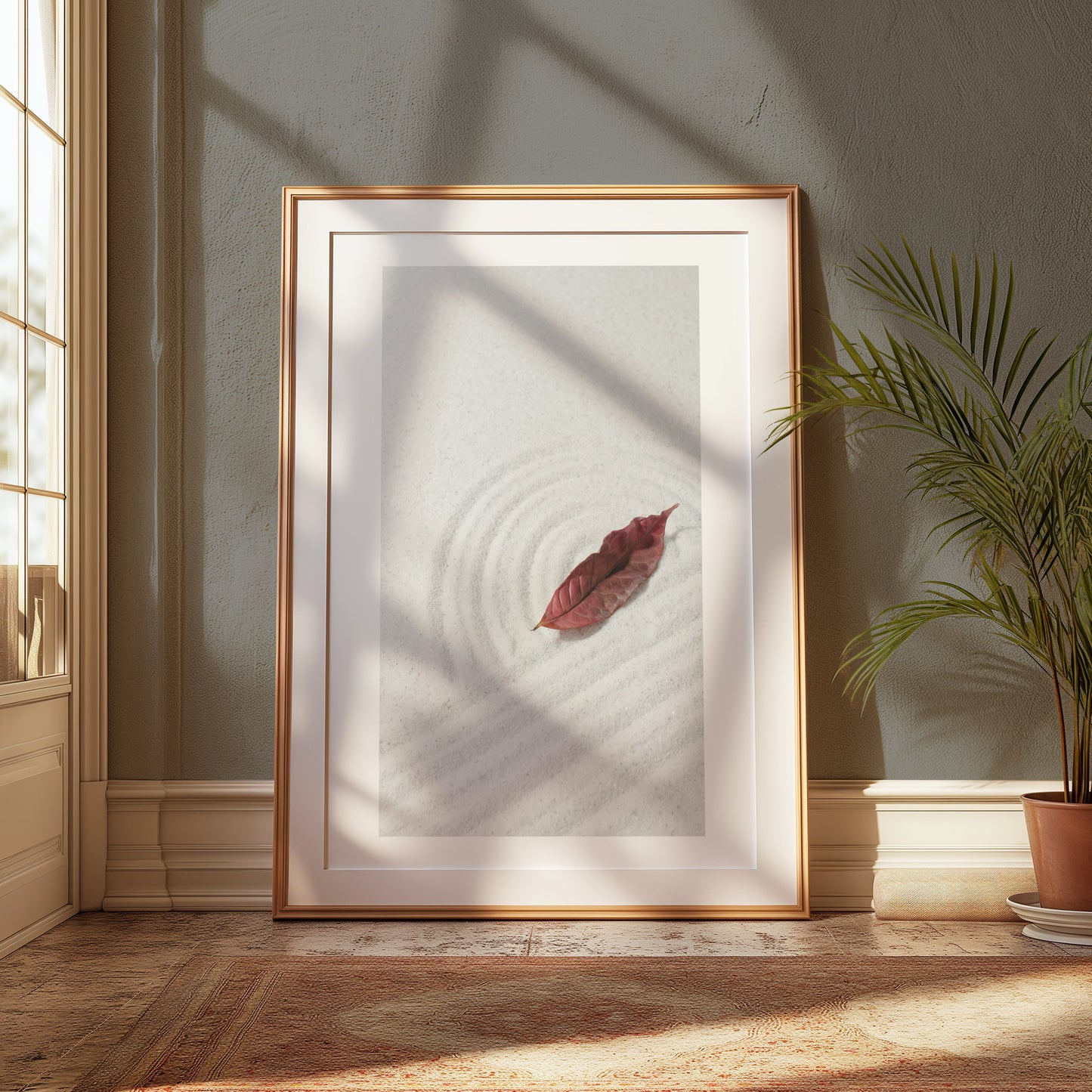 Premium Poster of Tranquil Sand Garden with Fallen Leaf Aesthetic Posters