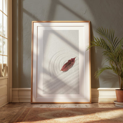 Premium Poster of Tranquil Sand Garden with Fallen Leaf Aesthetic Posters