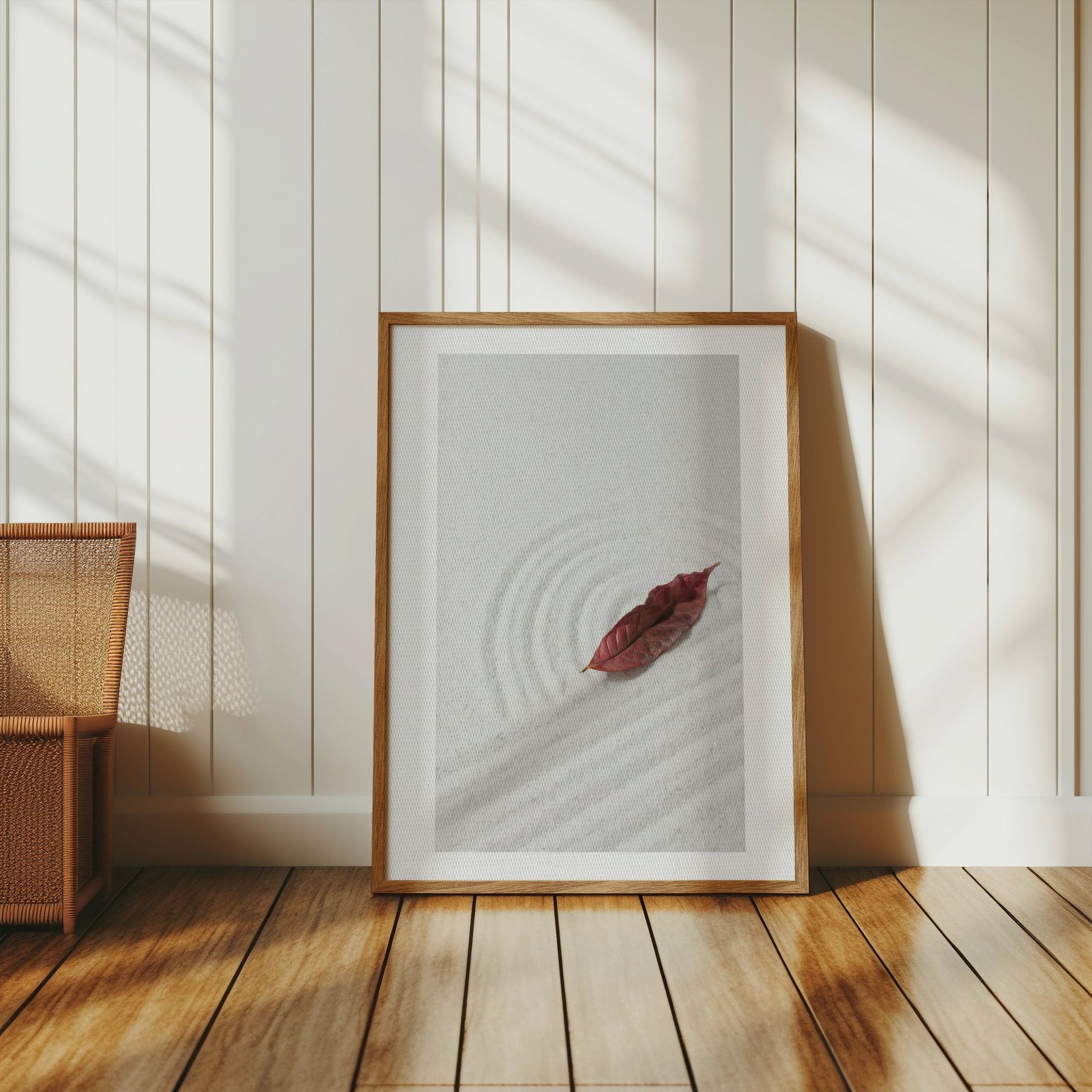 Premium Poster of Tranquil Sand Garden with Fallen Leaf Aesthetic Posters