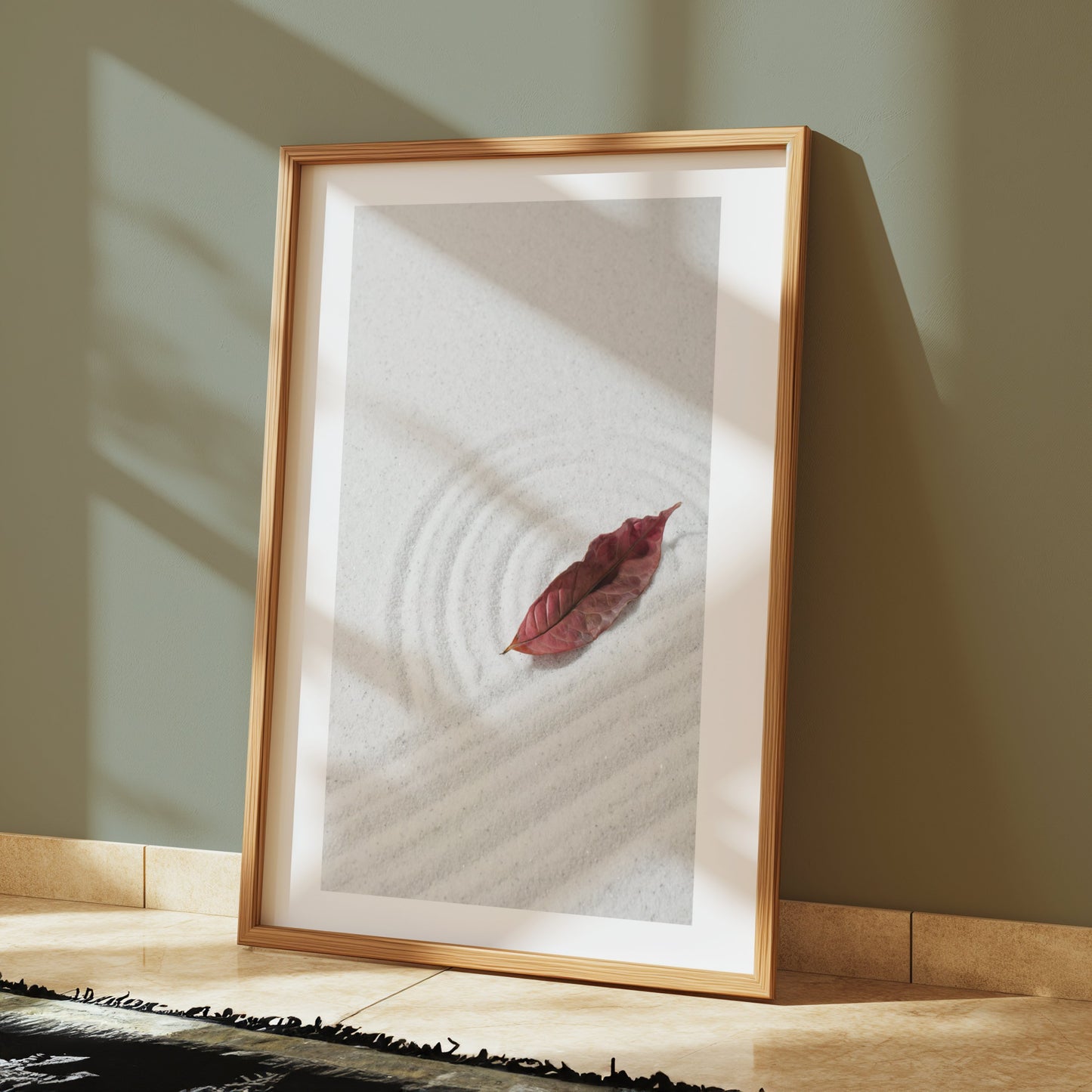 Premium Poster of Tranquil Sand Garden with Fallen Leaf Aesthetic Posters