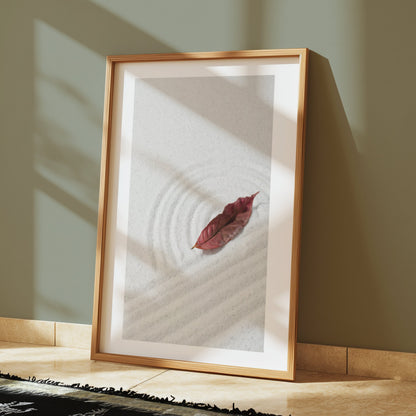 Premium Poster of Tranquil Sand Garden with Fallen Leaf Aesthetic Posters