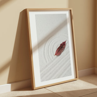 Premium Poster of Tranquil Sand Garden with Fallen Leaf Aesthetic Posters