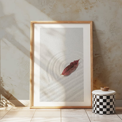 Premium Poster of Tranquil Sand Garden with Fallen Leaf Aesthetic Posters