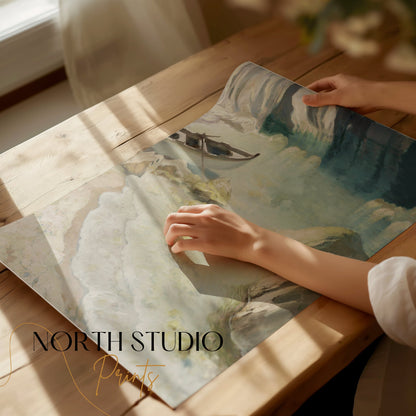 Premium Poster of Tranquil Seascape with Boat in a Cove Artwork Posters
