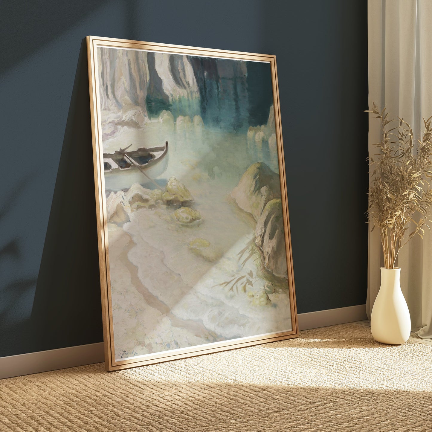 Premium Poster of Tranquil Seascape with Boat in a Cove Artwork Posters