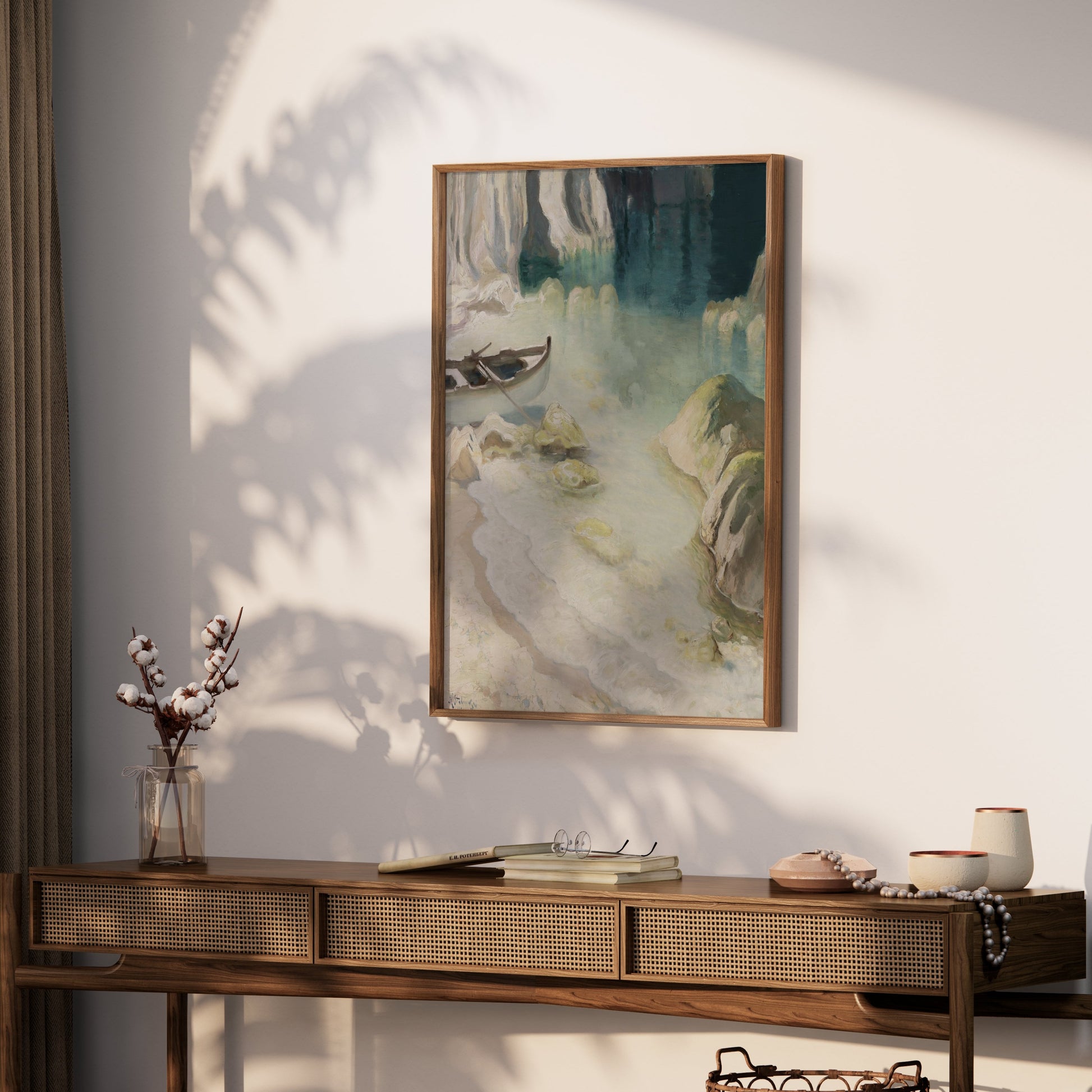 Premium Poster of Tranquil Seascape with Boat in a Cove Artwork Posters