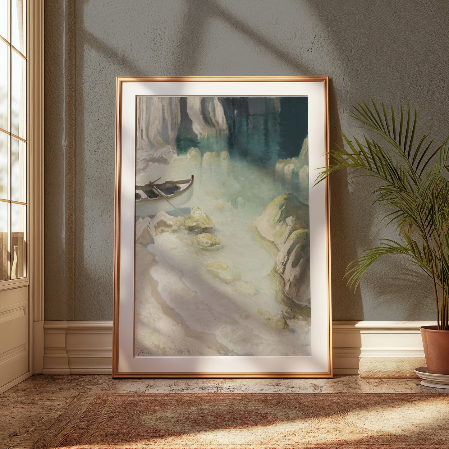 Premium Poster of Tranquil Seascape with Boat in a Cove Artwork Posters