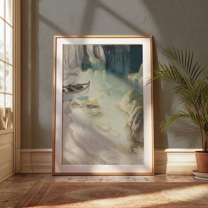 Premium Poster of Tranquil Seascape with Boat in a Cove Artwork Posters