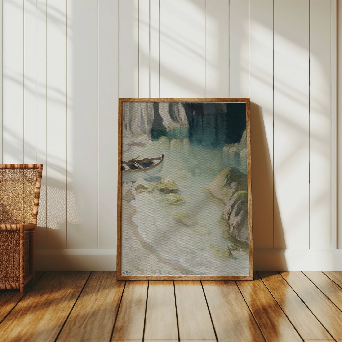 Premium Poster of Tranquil Seascape with Boat in a Cove Artwork Posters