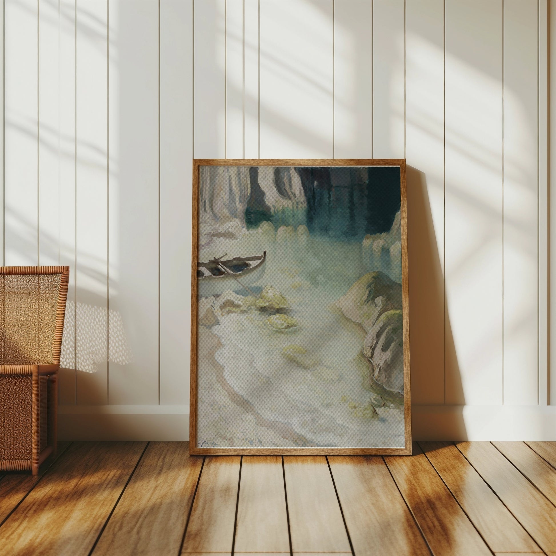 Premium Poster of Tranquil Seascape with Boat in a Cove Artwork Posters