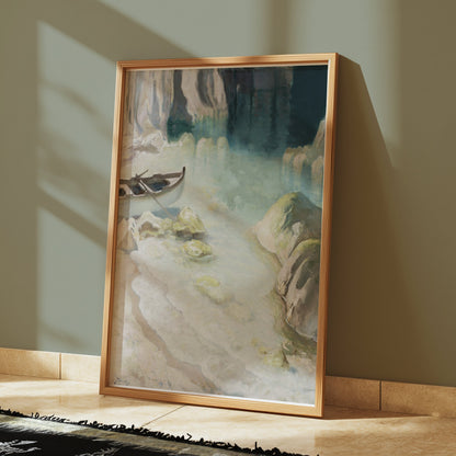 Premium Poster of Tranquil Seascape with Boat in a Cove Artwork Posters