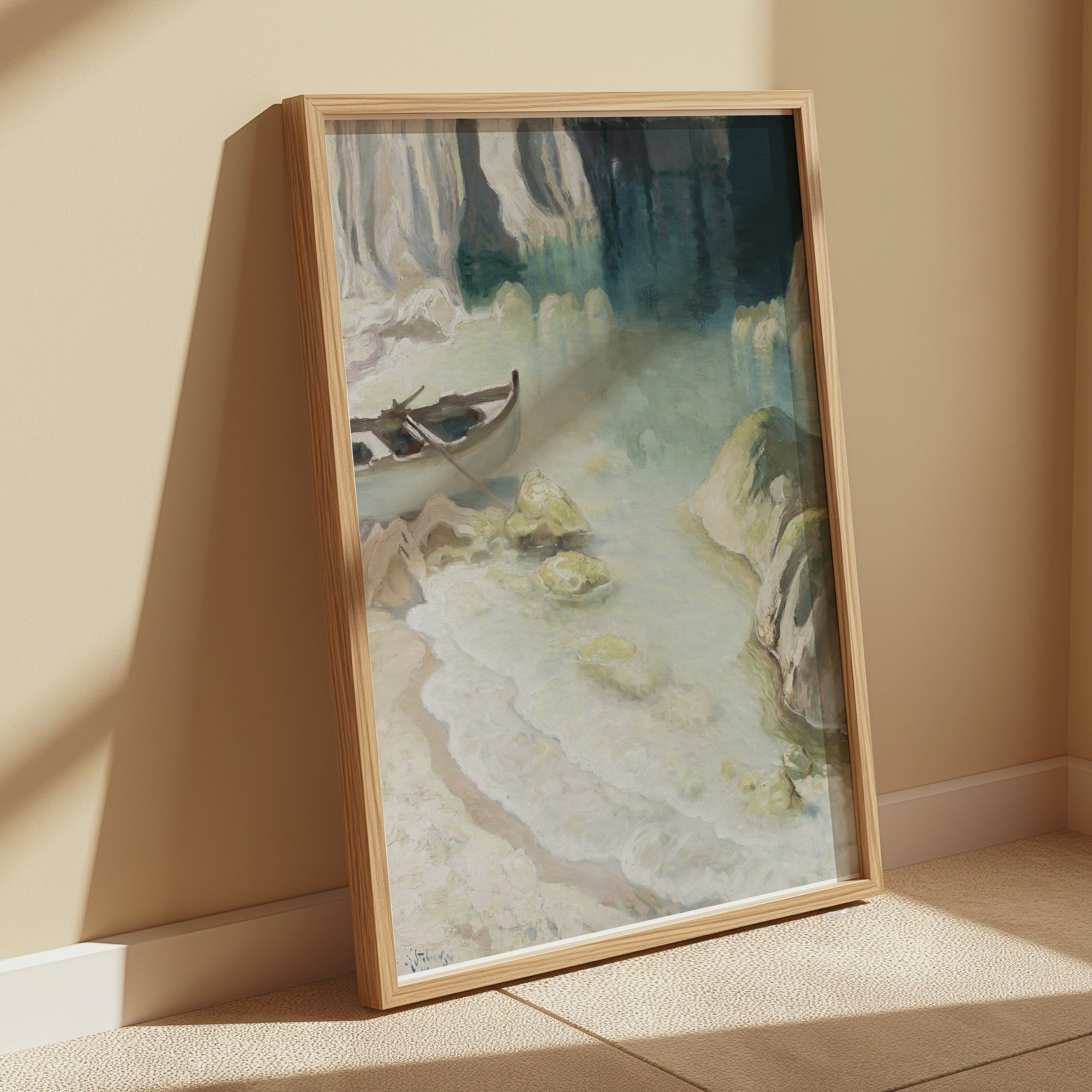 Premium Poster of Tranquil Seascape with Boat in a Cove Artwork Posters