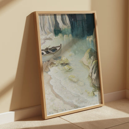 Premium Poster of Tranquil Seascape with Boat in a Cove Artwork Posters