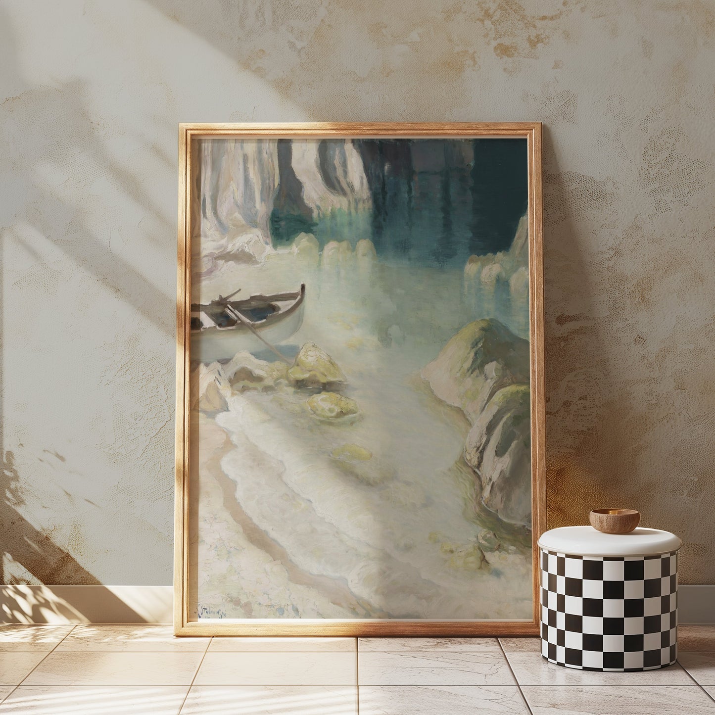 Premium Poster of Tranquil Seascape with Boat in a Cove Artwork Posters