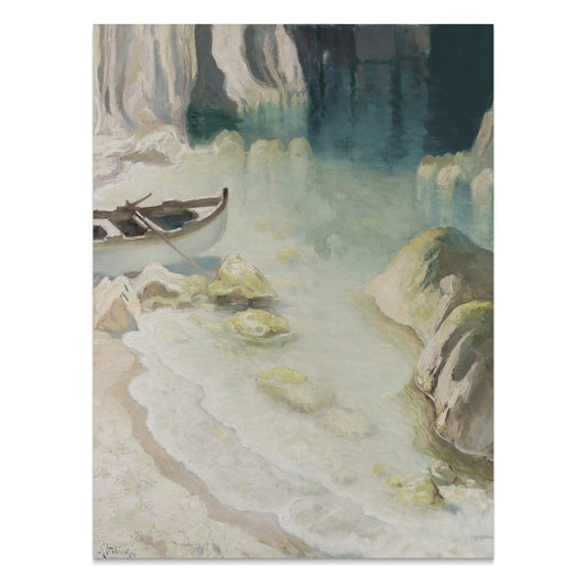 Premium Poster of Tranquil Seascape with Boat in a Cove Artwork Posters