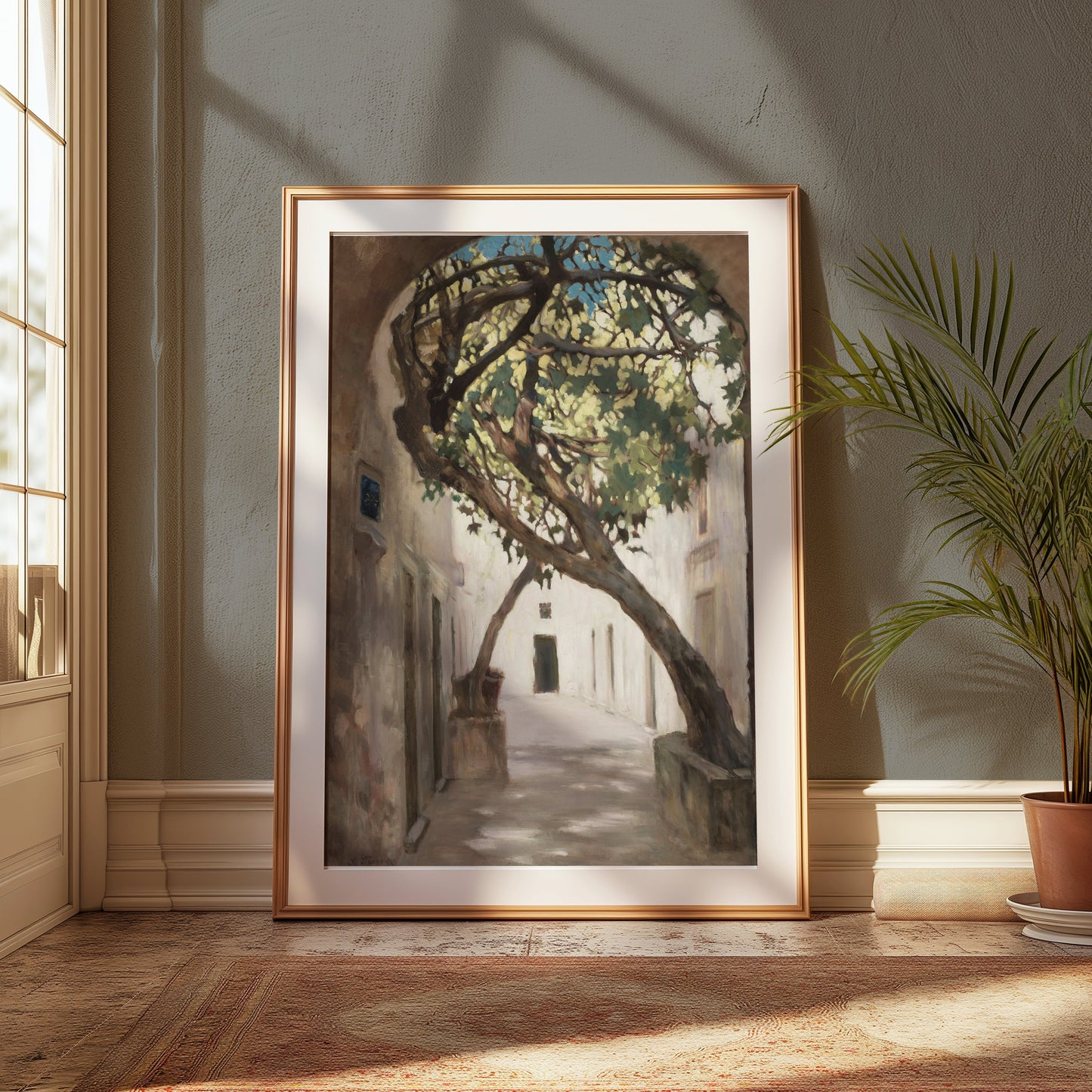Premium Poster of Tranquil Sunlit Alleyway with Overhanging Tree Posters