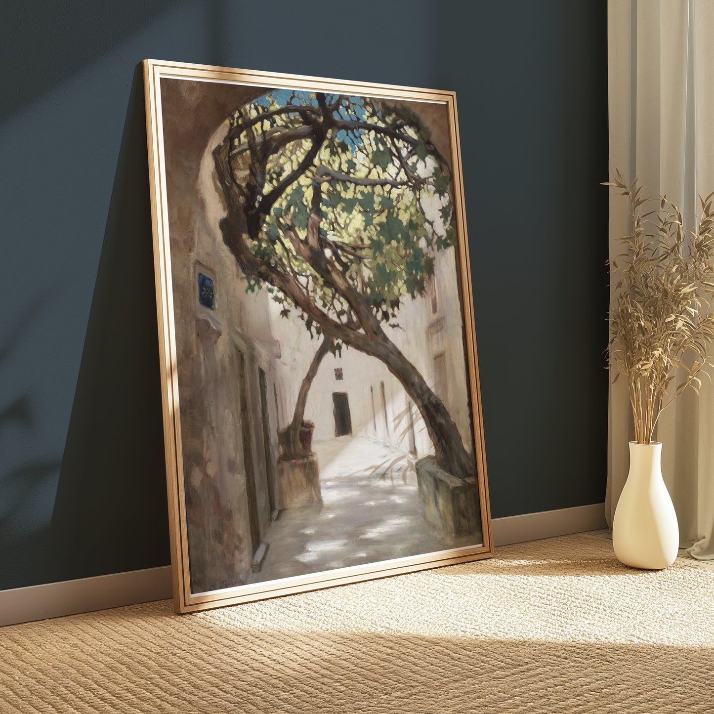 Premium Poster of Tranquil Sunlit Alleyway with Overhanging Tree Posters