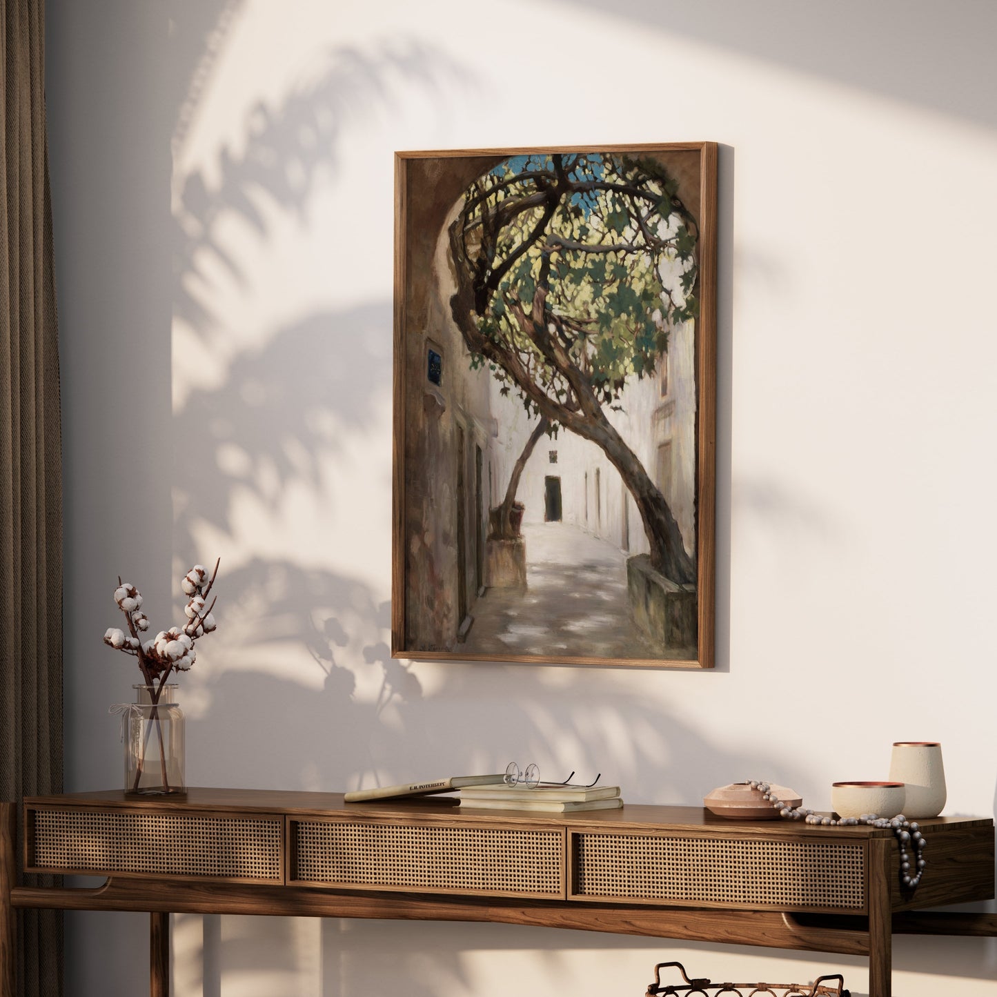 Premium Poster of Tranquil Sunlit Alleyway with Overhanging Tree Posters