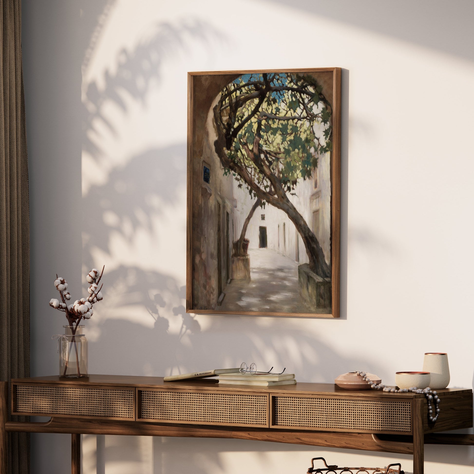 Premium Poster of Tranquil Sunlit Alleyway with Overhanging Tree Posters