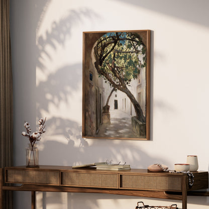 Premium Poster of Tranquil Sunlit Alleyway with Overhanging Tree Posters