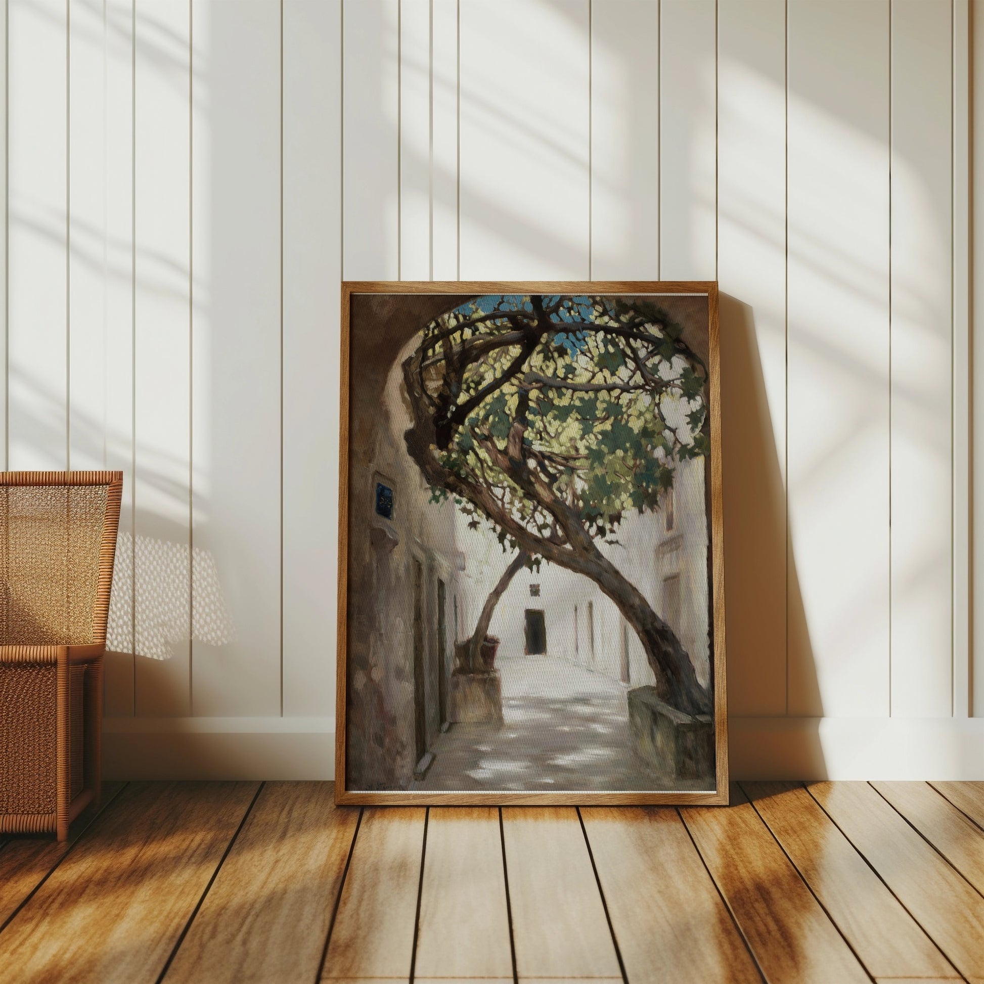 Premium Poster of Tranquil Sunlit Alleyway with Overhanging Tree Posters